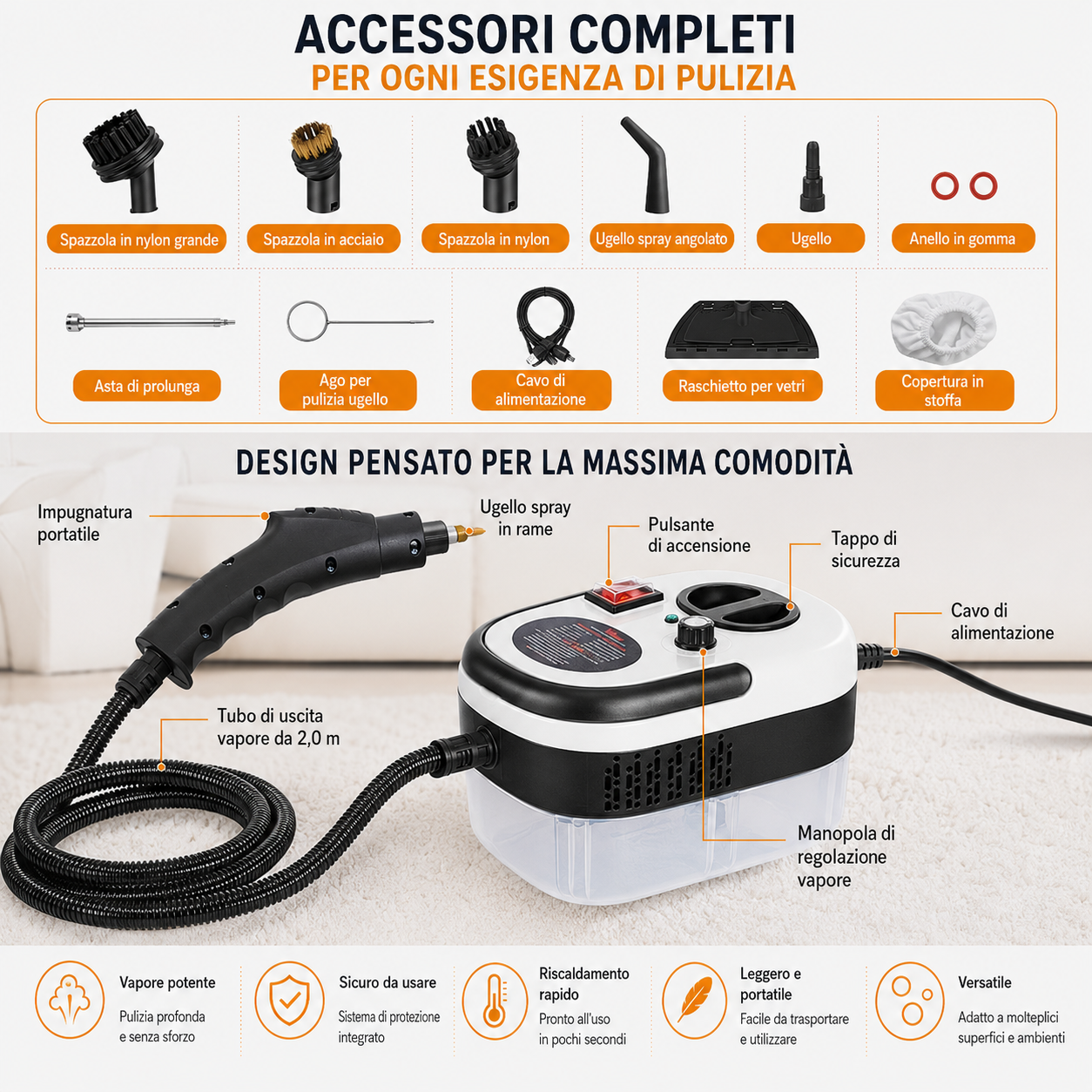 Pulitore Vapore 2500W Igiene Totale