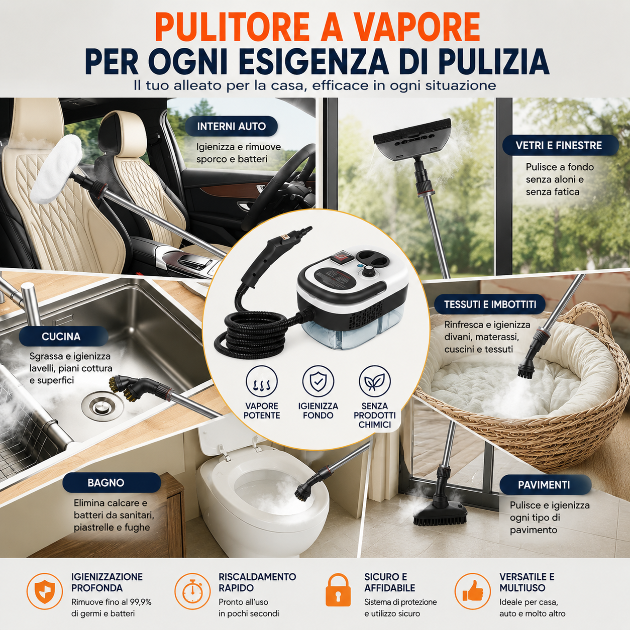 Pulitore Vapore 2500W Igiene Totale
